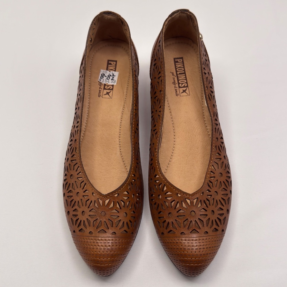 Pikolinos Brandy Leather Laser Cut Floral Pointed Toe Block Heel Pumps Size 39